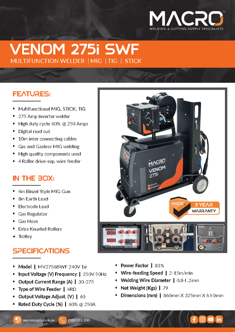 MACRO - MIG Welder - VENOM 275I SWF - Single Phase